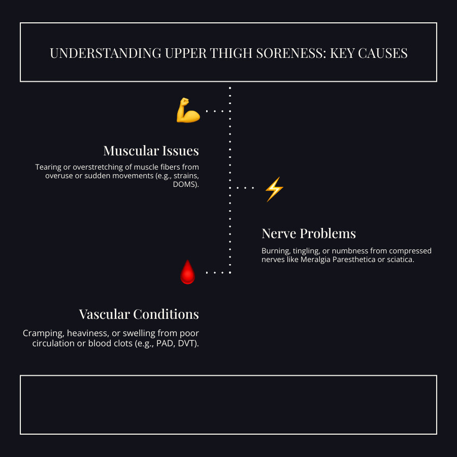 Infographic showing the difference between muscle strain (tearing or overstretching of muscle fibers, often from overuse or sudden movement), nerve pain (burning, tingling, numbness from compressed or damaged nerves like meralgia paresthetica or sciatica), and vascular issues (cramping, heaviness, or swelling from poor circulation or blood clots like DVT) - upper thigh soreness infographic infographic-line-3-steps-dark