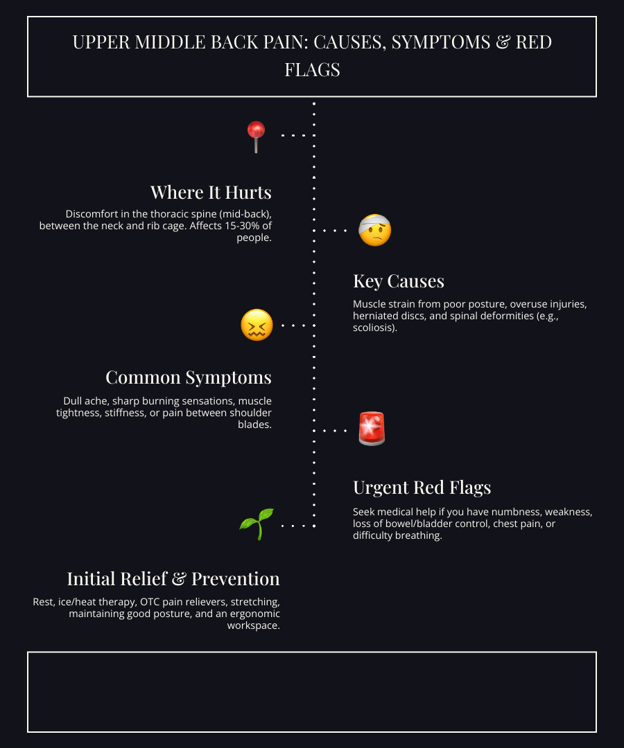 infographic showing the anatomy of the thoracic spine with labeled common causes of upper middle back pain including muscle strain, poor posture, herniated discs, spinal deformities, and osteoarthritis, alongside warning signs like numbness, chest pain, and difficulty breathing that require immediate medical attention - pain in the upper middle back infographic infographic-line-5-steps-dark