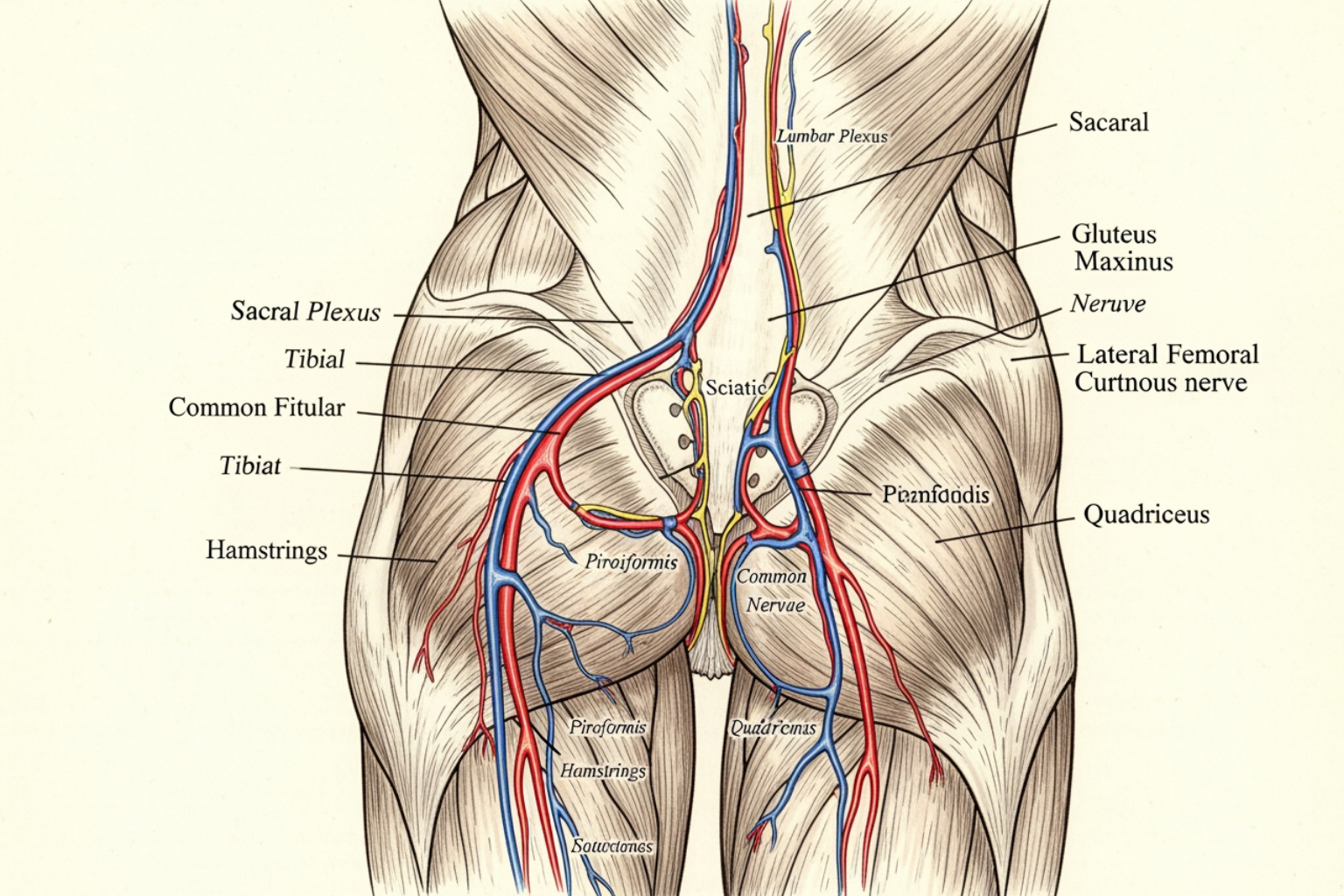 Illustration of the nerves of the thigh and lower back, highlighting the sciatic nerve and lateral femoral cutaneous nerve - upper thigh soreness
