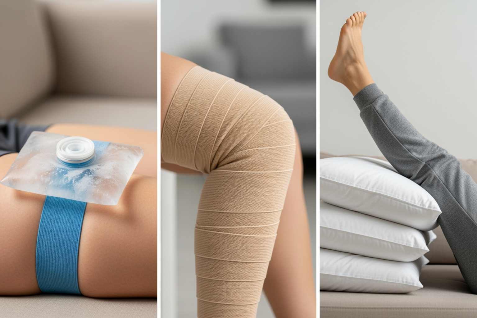 An image illustrating the R.I.C.E. method components: an ice pack on a thigh, a compression wrap around a leg, and a person with their leg elevated - upper thigh soreness