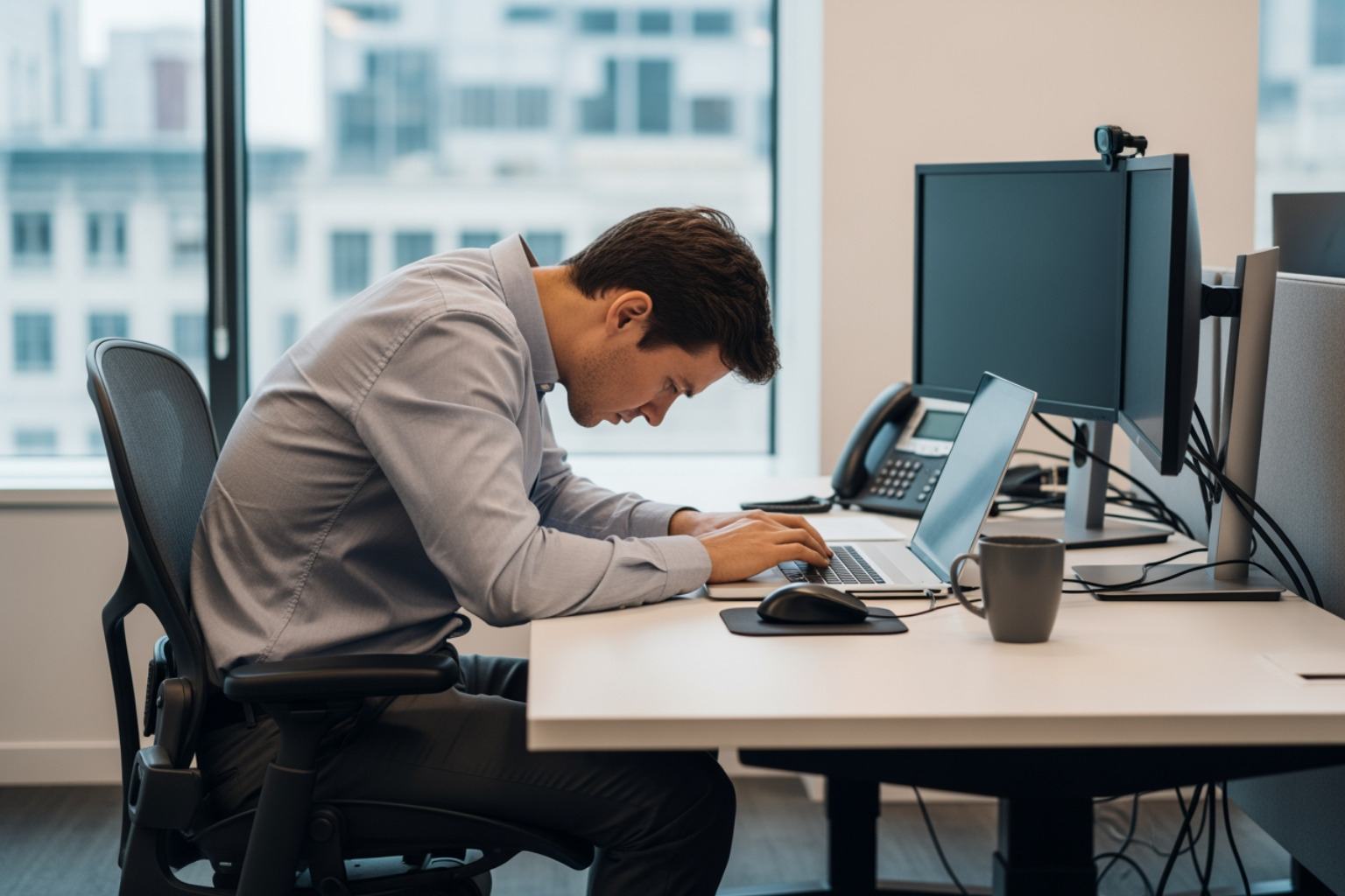 A person with poor posture working at a desk - pain in the upper middle back