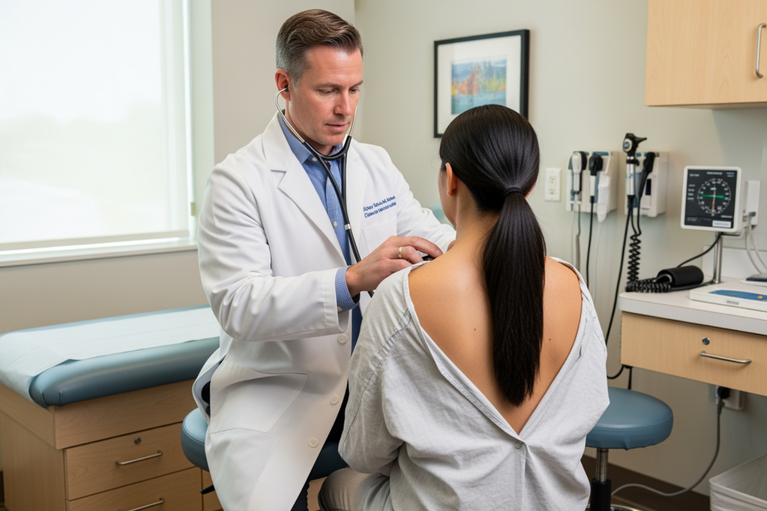 A doctor performing a physical exam on a patient's back - pain in the upper middle back