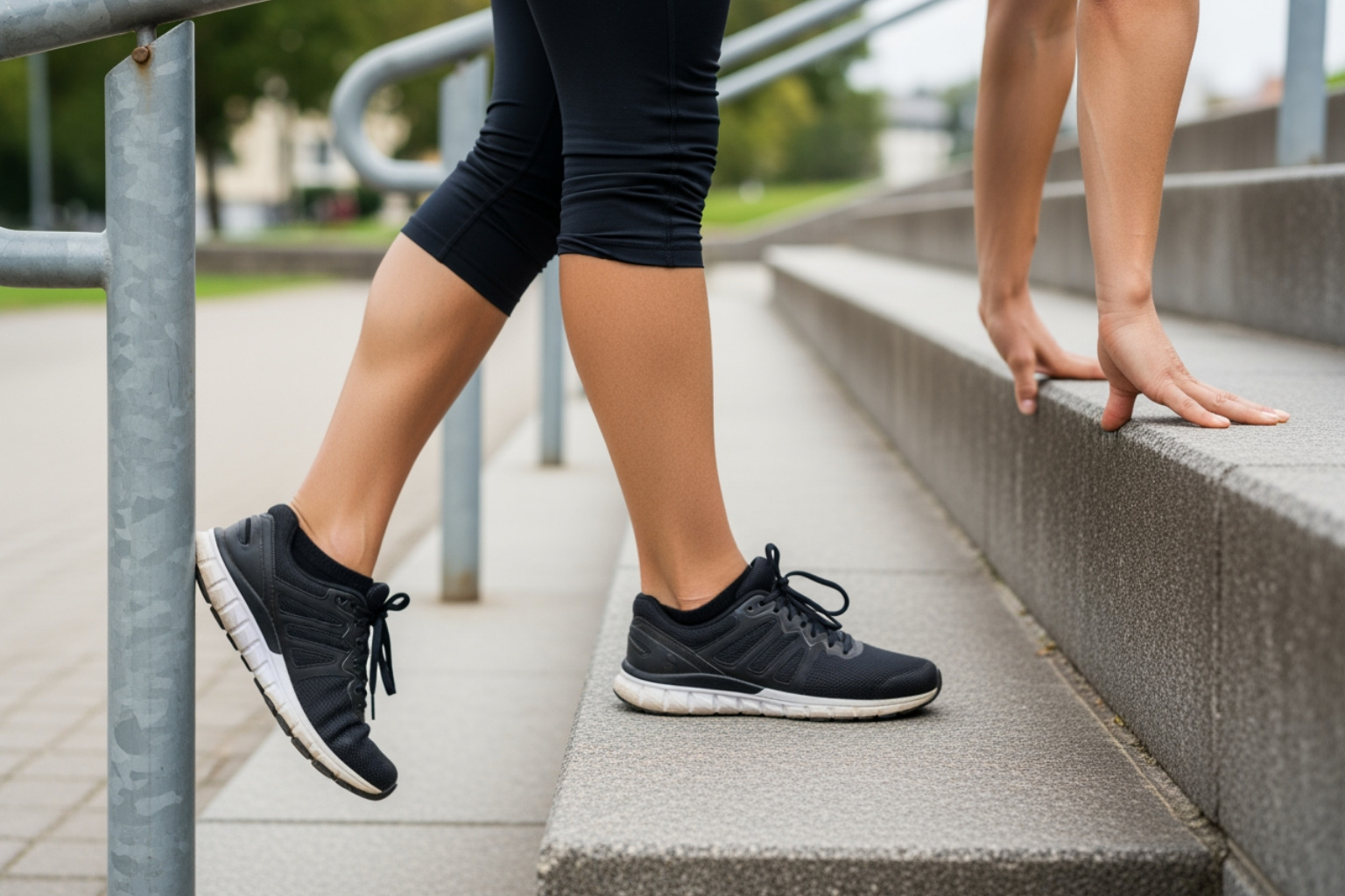 person doing heel drop stretch - tightness in calf muscle person doing heel drop stretch - tightness in calf muscle