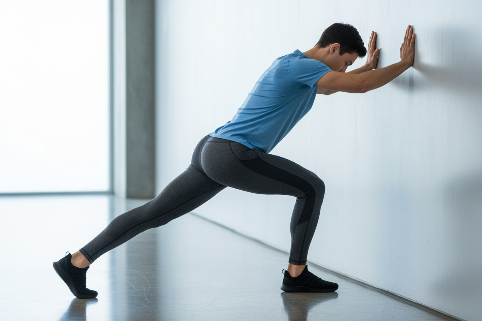 person doing standing wall stretch - tightness in calf muscle person doing standing wall stretch - tightness in calf muscle