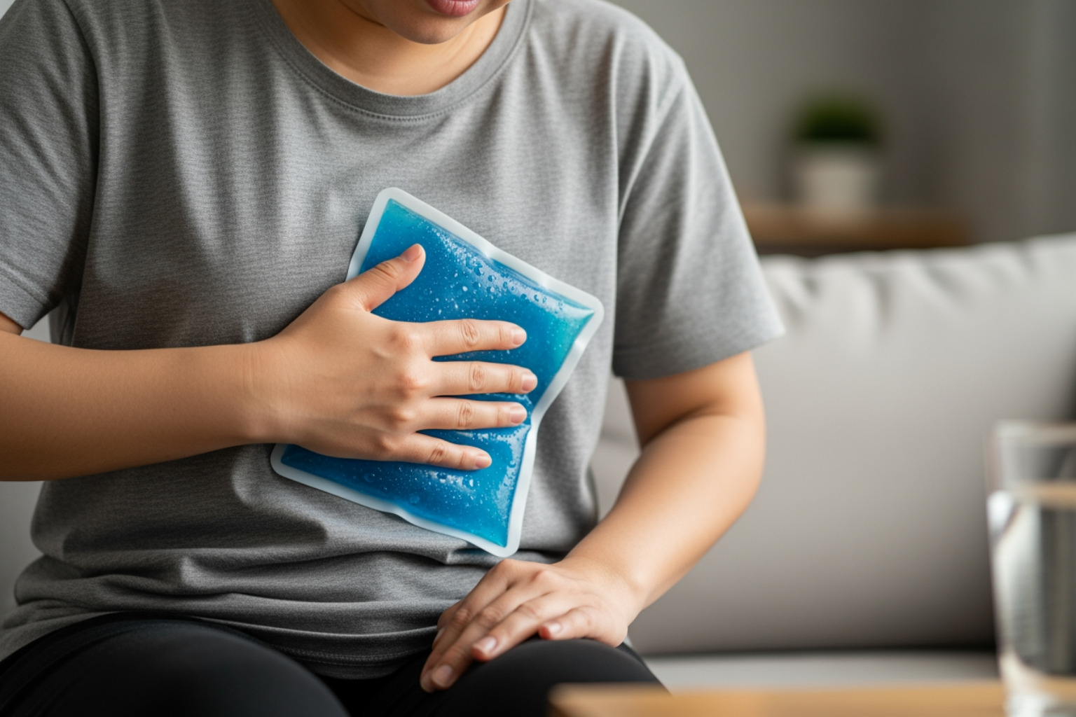 person applying cold pack to rib area - sore intercostal muscles person applying cold pack to rib area - sore intercostal muscles