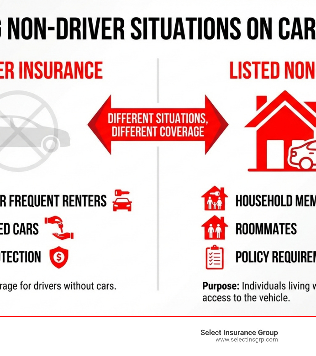 Infographic showing two columns: Left side shows 'Non-Owner Insurance' with an icon of a person without a car, listing coverage for frequent renters, borrowed cars, and liability protection. Right side shows 'Listed Non-Driver' with an icon of a house and car, listing household members with access, roommates, and policy requirements. Arrow indicates these are different situations requiring different coverage. - non driver on car insurance infographic 
