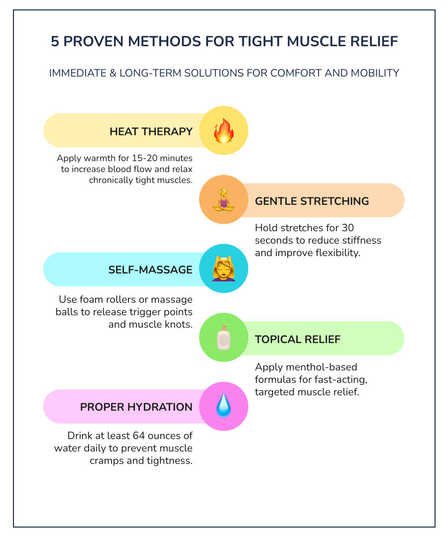 Infographic showing five proven methods for tight muscle relief: heat therapy with heating pad on tight muscles, person performing gentle stretching exercises, self-massage using foam roller, application of topical pain relief cream, and hydration with water glass alongside magnesium-rich foods - tight muscle relief infographic infographic-line-5-steps-colors Infographic showing five proven methods for tight muscle relief: heat therapy with heating pad on tight muscles, person performing gentle stretching exercises, self-massage using foam roller, application of topical pain relief cream, and hydration with water glass alongside magnesium-rich foods - tight muscle relief infographic infographic-line-5-steps-colors