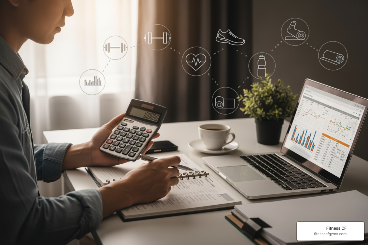 person planning budget with calculator, fitness icons in background - florida sales tax on gym membership