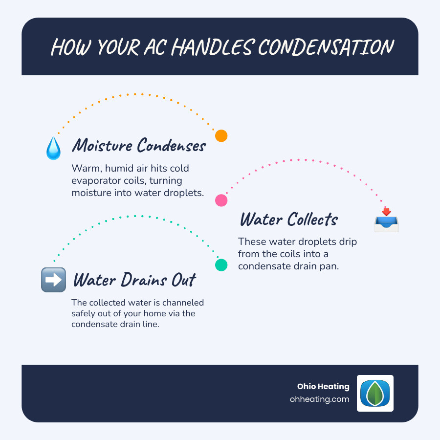 infographic showing how an AC removes humidity from air, with arrows indicating the path from evaporator coil to condensate pan to drain line, and common failure points where water can leak instead - AC leaking water inside infographic infographic-line-3-steps-blues-accent_colors infographic showing how an AC removes humidity from air, with arrows indicating the path from evaporator coil to condensate pan to drain line, and common failure points where water can leak instead - AC leaking water inside infographic infographic-line-3-steps-blues-accent_colors