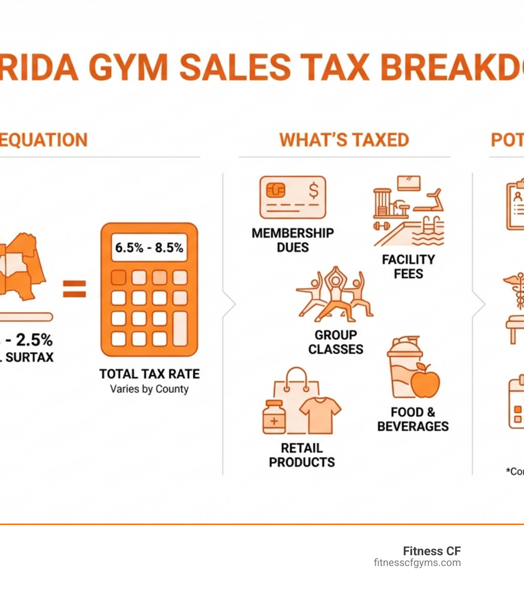 Infographic showing Florida gym sales tax breakdown: State tax 6% plus local county surtax 0.5-2.5% equals total 6.5-8.5%; Taxable items include membership dues, facility fees, group classes, retail products, and food; Potential exemptions include separately billed personal training under specific conditions, medically prescribed massage, and sales tax holiday purchases - florida sales tax on gym membership infographic 
