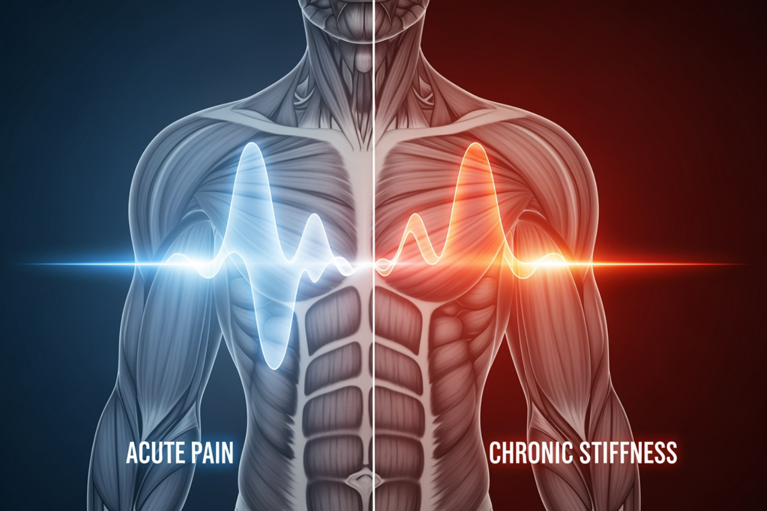 split graphic of a blue cool wave for acute pain and a red warm wave for chronic stiffness on a muscle diagram - best balm for pain relief split graphic of a blue cool wave for acute pain and a red warm wave for chronic stiffness on a muscle diagram - best balm for pain relief