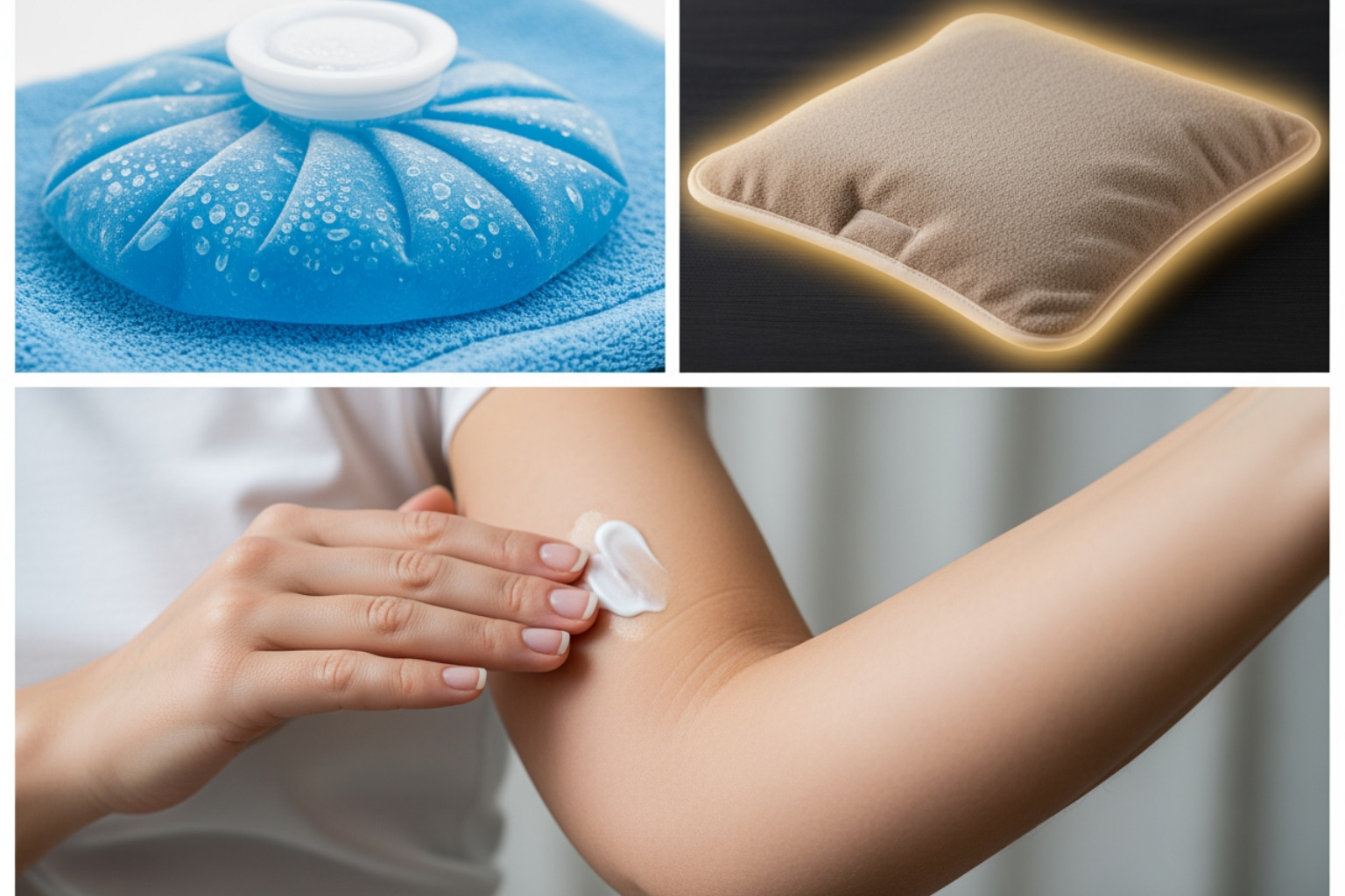 collage showing ice pack, heating pad, and person applying cream - muscle ache remedy