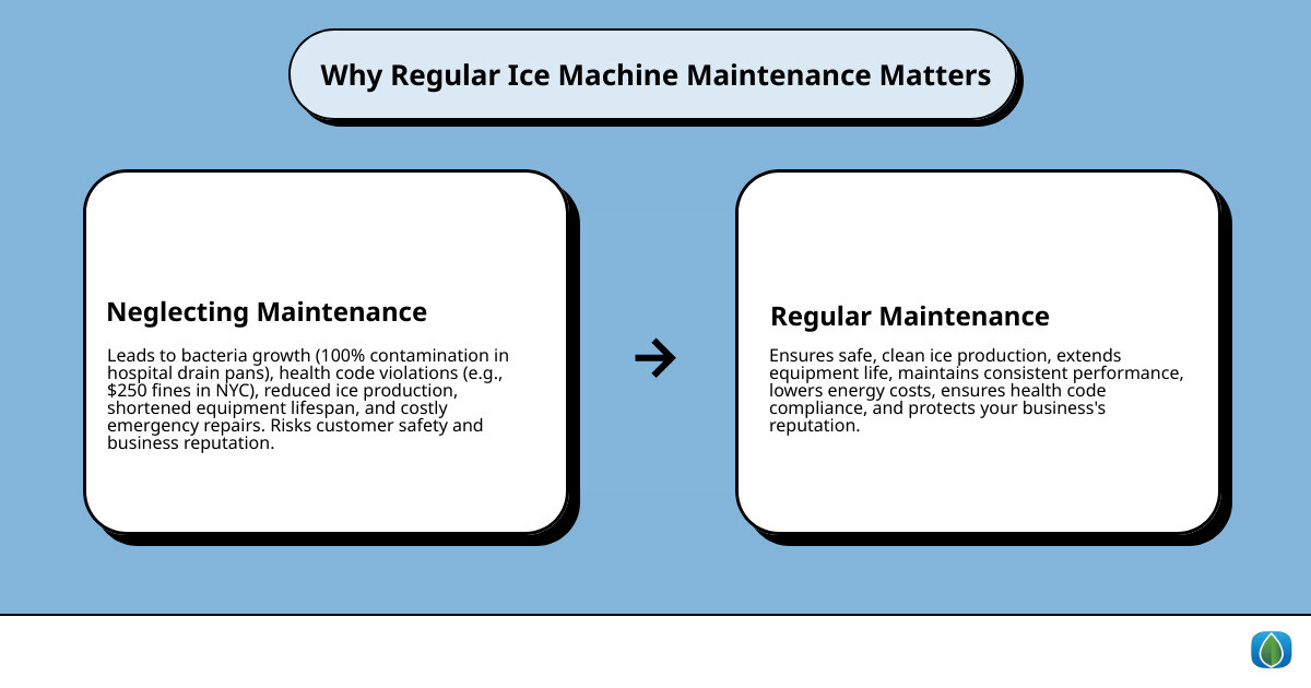 infographic showing the consequences of neglecting ice machine maintenance including bacterial growth with 100% contamination rate in drain pans, health code violations costing up to $250 in fines, reduced ice production and efficiency, shortened equipment lifespan, and increased risk of costly emergency repairs versus the benefits of regular maintenance including safe clean ice production, extended equipment life, consistent performance, lower energy costs, and health code compliance - ice machine maintenance infographic cause_effect_text