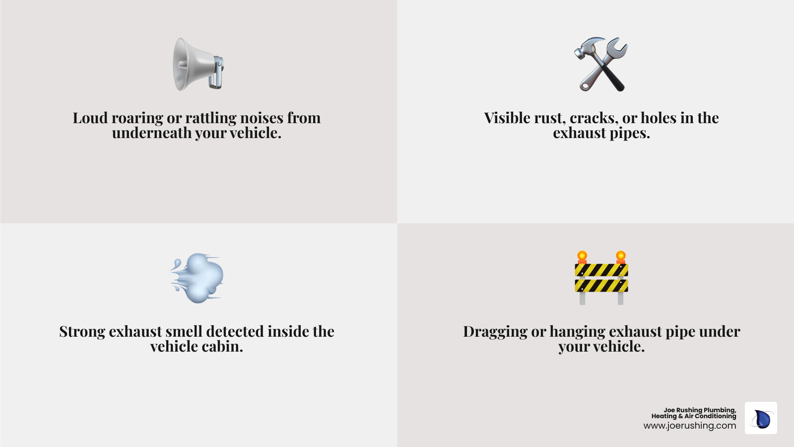 Infographic showing 5 common signs of exhaust system failure: 1. Loud roaring or rattling noises from underneath vehicle, 2. Visible rust, cracks, or holes in pipes, 3. Strong exhaust smell inside cabin, 4. Dragging or hanging pipes under vehicle, 5. Decreased fuel economy and engine performance - 24 hour exhaust pipe in lubbock, tx infographic 4_facts_emoji_grey