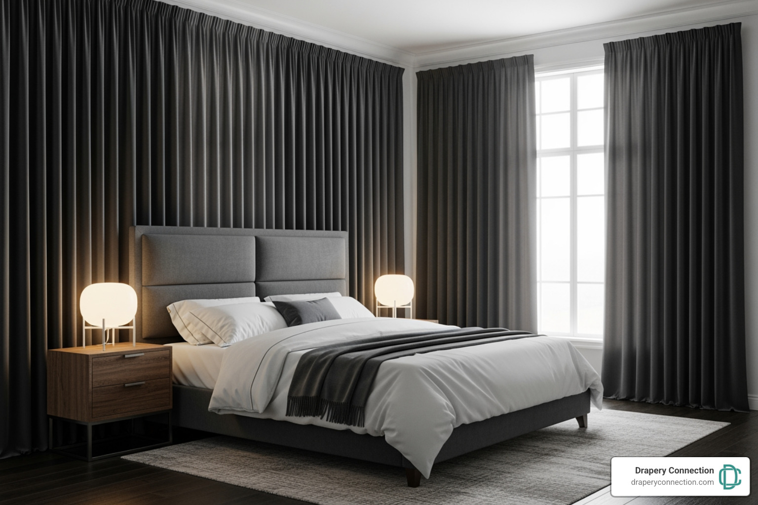 A modern bedroom with dark velvet pinch pleat drapes creating a cozy atmosphere - Pinch pleat drapes A modern bedroom with dark velvet pinch pleat drapes creating a cozy atmosphere - Pinch pleat drapes