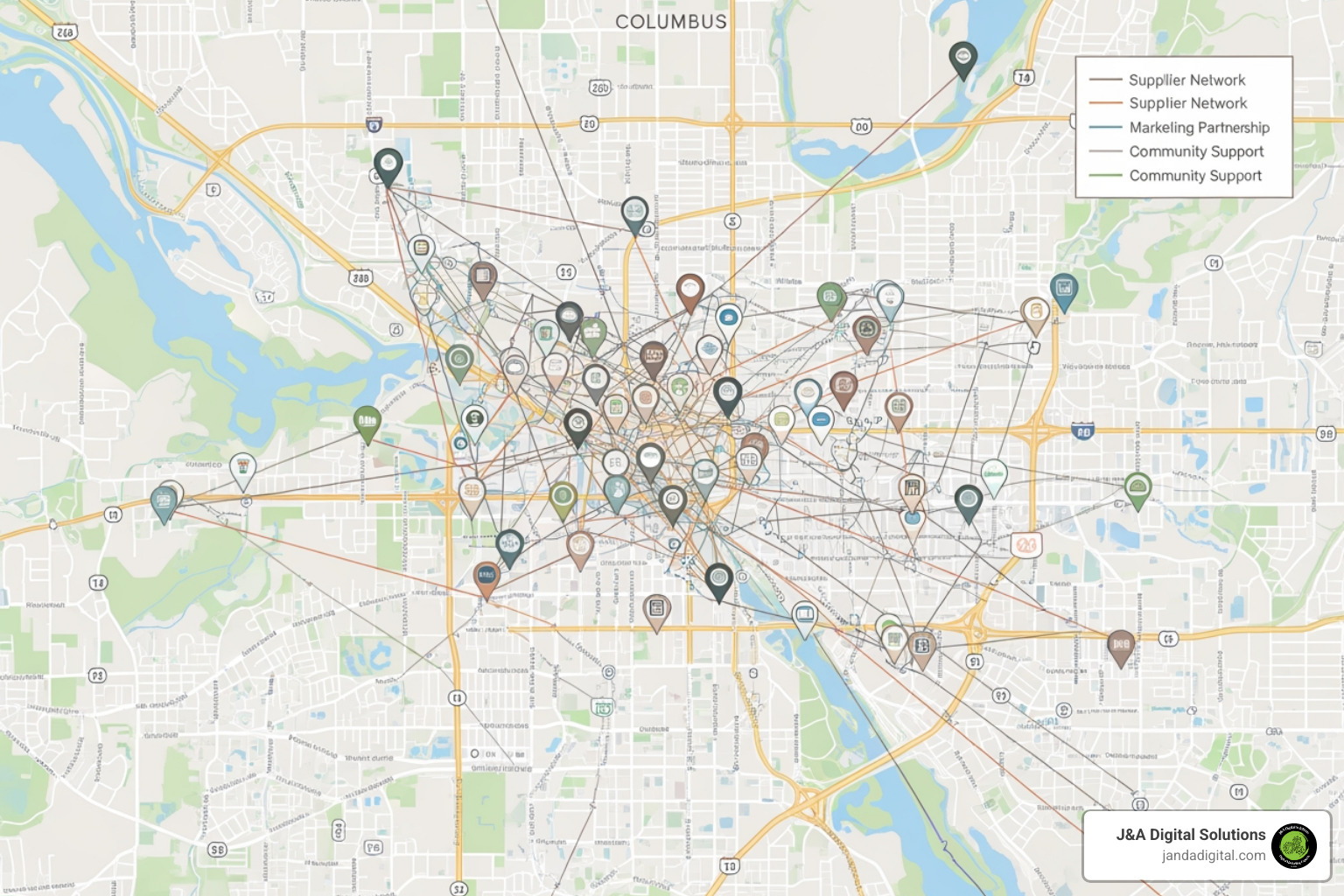 Map with pins connecting local businesses in Columbus, Ohio - local backlink strategy Map with pins connecting local businesses in Columbus, Ohio - local backlink strategy