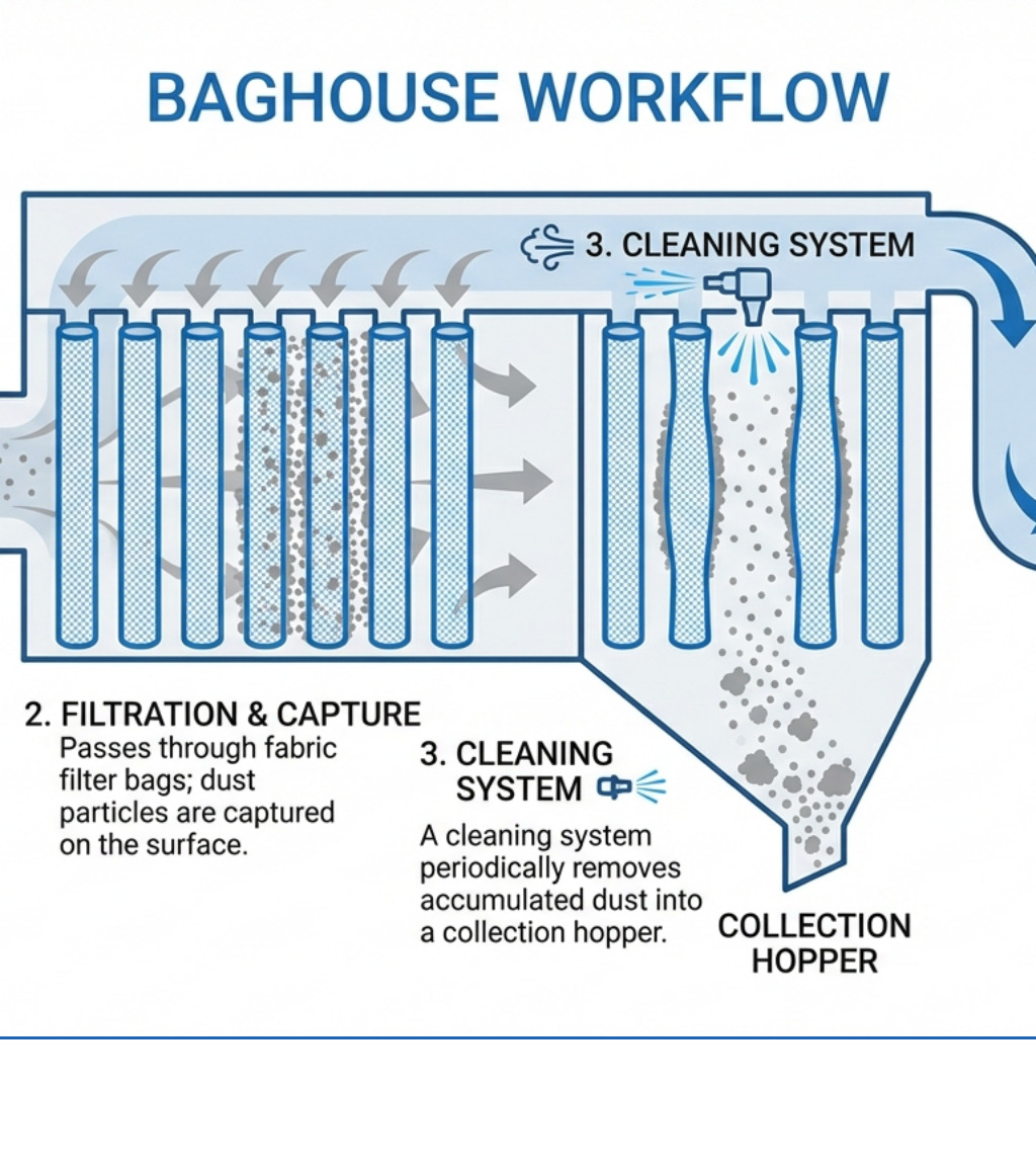 Infographic showing the baghouse workflow: contaminated air enters through an inlet, passes through fabric filter bags where dust particles are captured on the surface, a cleaning system periodically removes accumulated dust into a collection hopper, and clean filtered air exits through the fan and stack - baghouse dust collectors infographic Infographic showing the baghouse workflow: contaminated air enters through an inlet, passes through fabric filter bags where dust particles are captured on the surface, a cleaning system periodically removes accumulated dust into a collection hopper, and clean filtered air exits through the fan and stack - baghouse dust collectors infographic