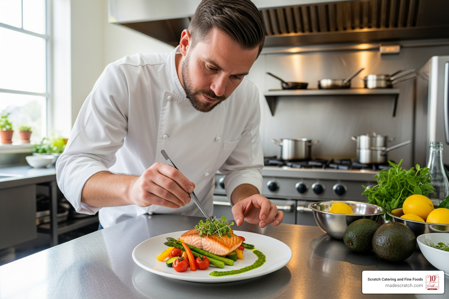 Chef carefully preparing a gluten-free dish in a clean kitchen - gluten free catering grapevine tx Chef carefully preparing a gluten-free dish in a clean kitchen - gluten free catering grapevine tx