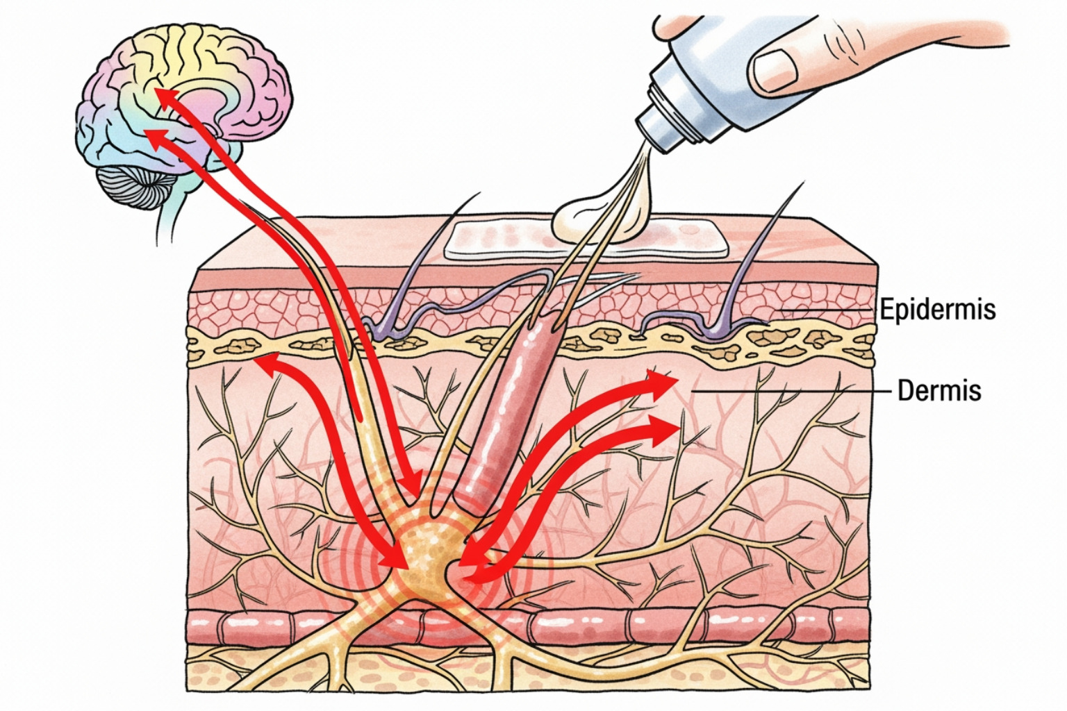 Illustration of nerve pathways in the human body, highlighting how topical creams interrupt pain signals at the skin level before they reach the brain - ultra strength pain relief cream Illustration of nerve pathways in the human body, highlighting how topical creams interrupt pain signals at the skin level before they reach the brain - ultra strength pain relief cream