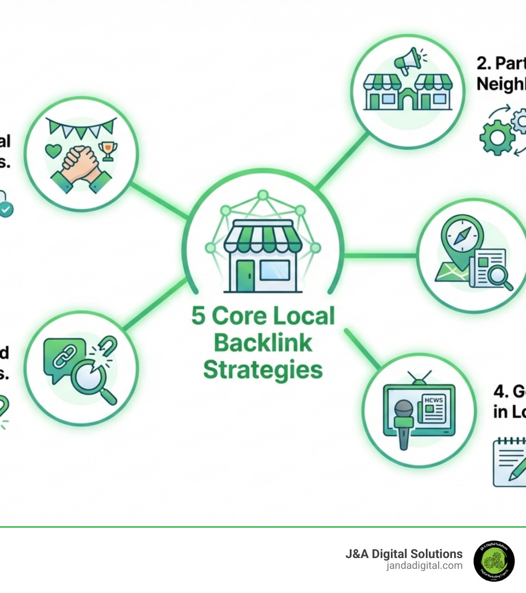 Infographic showing the 5 core local backlink strategies: 1. Sponsor local events and charities to earn .org links, 2. Partner with neighboring businesses for cross-promotion, 3. Create hyper-local content like neighborhood guides and data studies, 4. Get featured in local news through journalist outreach, 5. Reclaim unlinked brand mentions using monitoring tools - local backlink strategy infographic Infographic showing the 5 core local backlink strategies: 1. Sponsor local events and charities to earn .org links, 2. Partner with neighboring businesses for cross-promotion, 3. Create hyper-local content like neighborhood guides and data studies, 4. Get featured in local news through journalist outreach, 5. Reclaim unlinked brand mentions using monitoring tools - local backlink strategy infographic