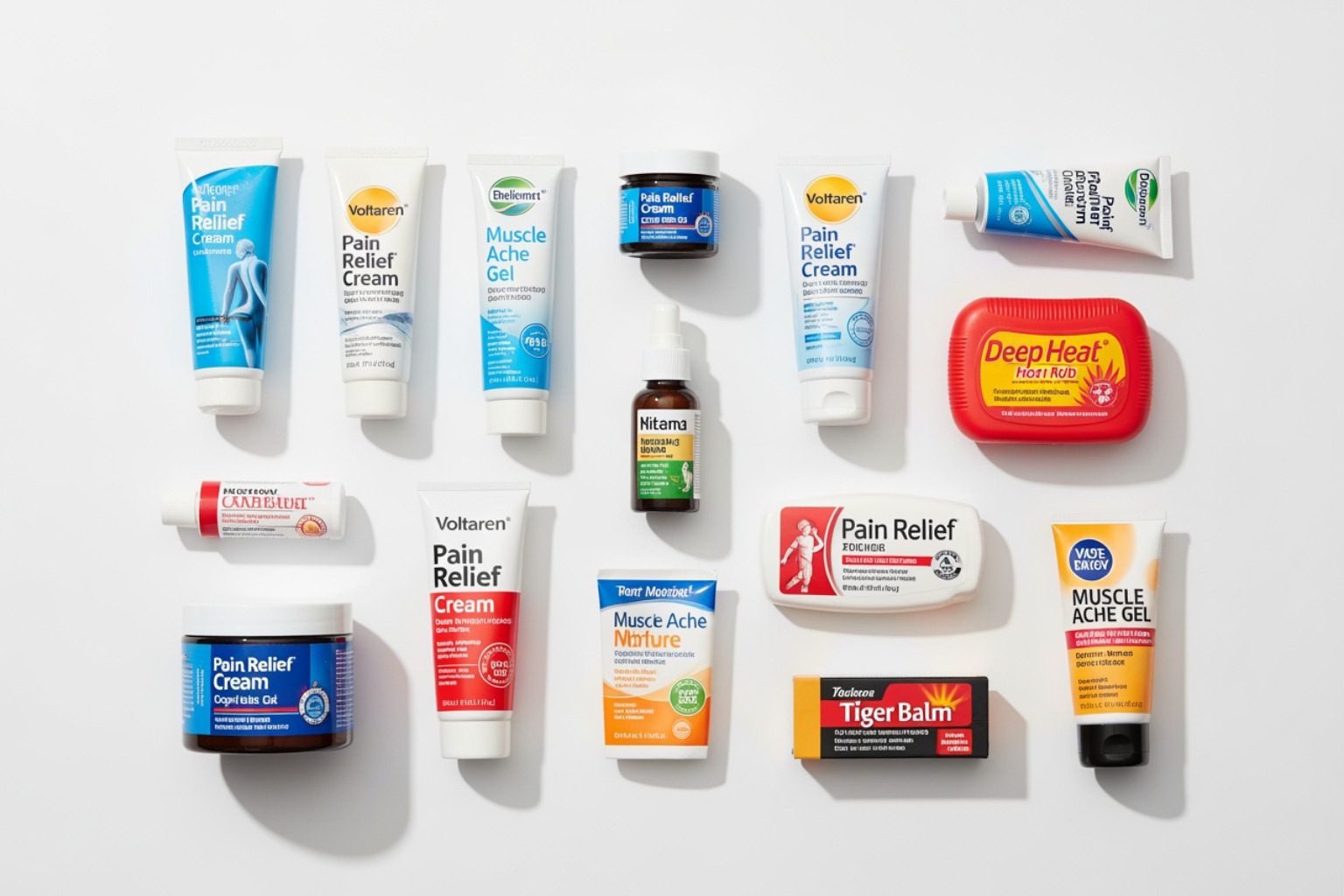 a flat lay showcasing the different recommended pain relief products - rubbing cream for pain