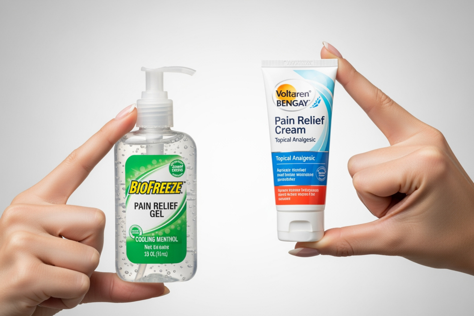 a person's hand holding and comparing two different types of pain relief products (a cream and a gel) - rubbing cream for pain