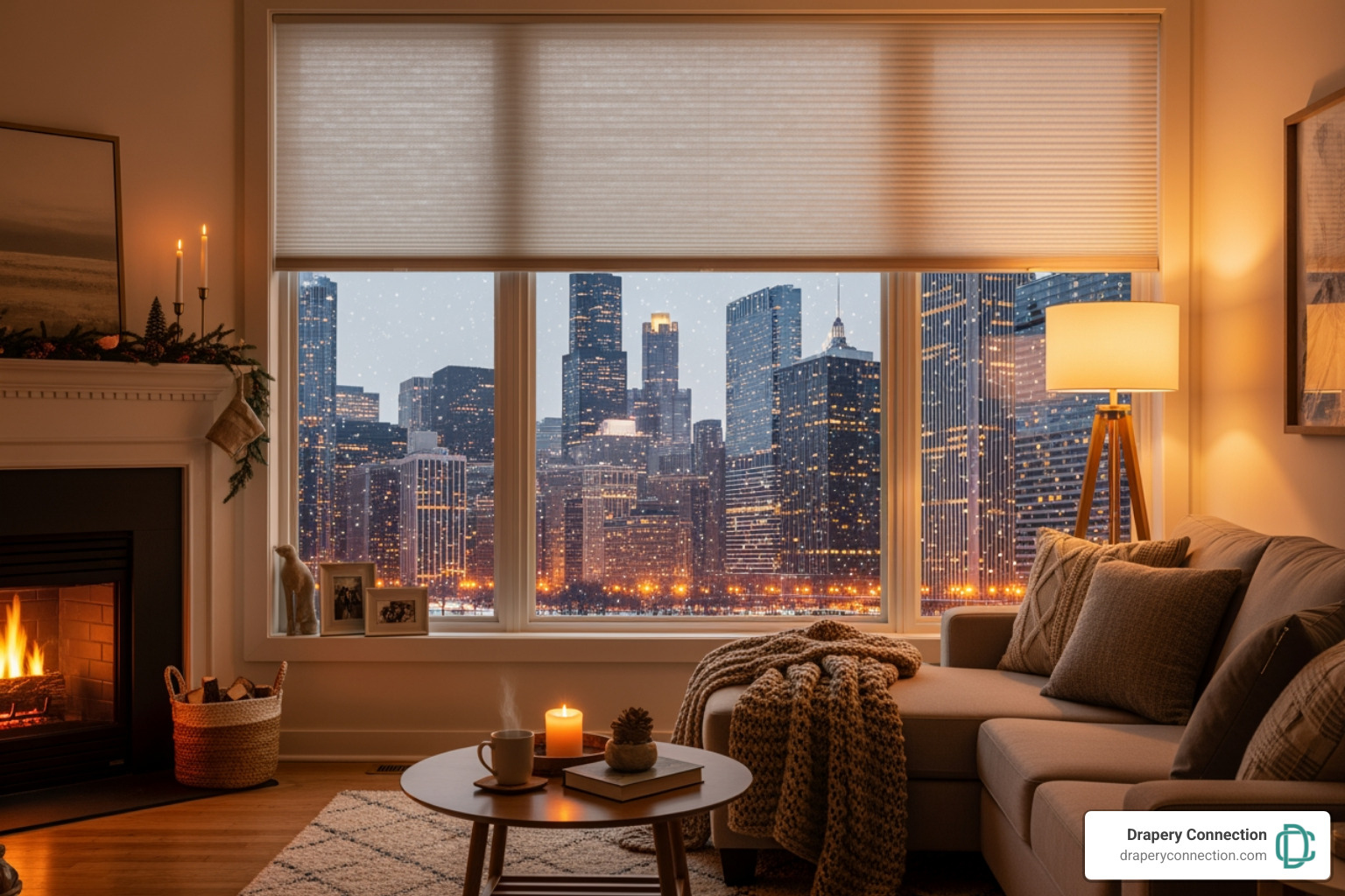 a cozy living room with cellular shades on a snowy Chicago day - Cellular shades Chicago a cozy living room with cellular shades on a snowy Chicago day - Cellular shades Chicago