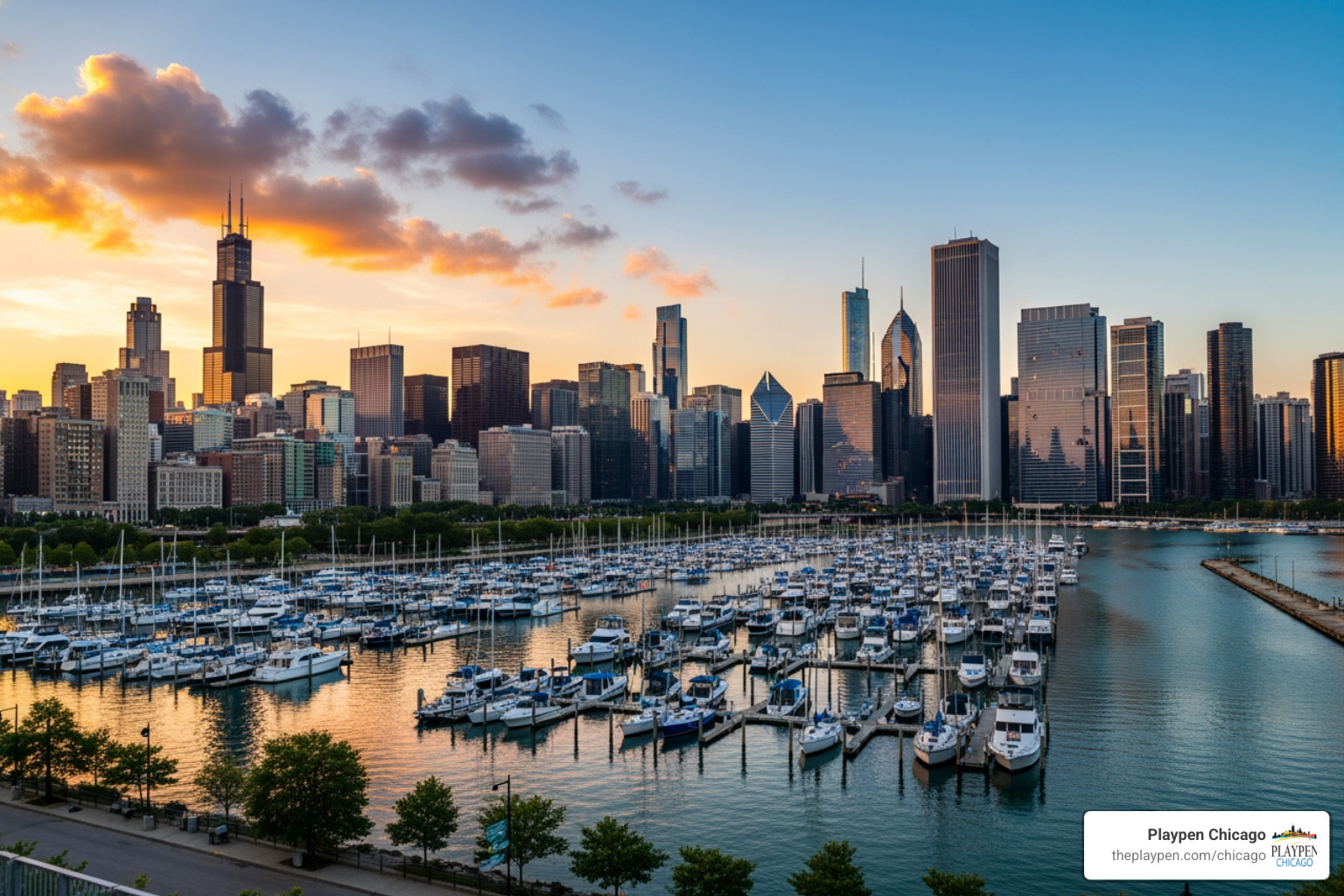 Belmont Harbor with its numerous slips and the city in the background - Chicago Harbors Belmont Harbor with its numerous slips and the city in the background - Chicago Harbors