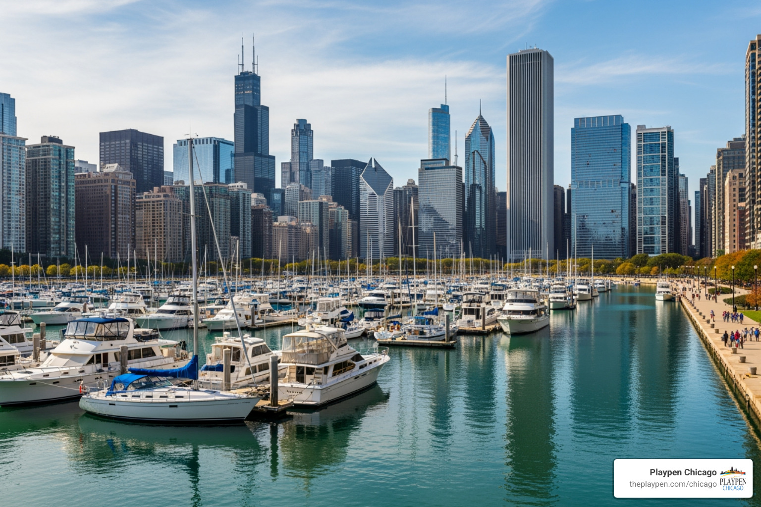 Boats moored in Monroe Harbor against the panoramic Chicago skyline - Chicago Harbors Boats moored in Monroe Harbor against the panoramic Chicago skyline - Chicago Harbors