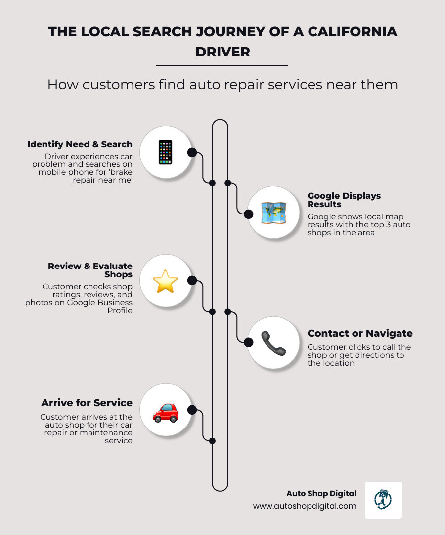Infographic showing the customer journey from search query to auto shop visit: Step 1 - Customer experiences car problem and searches on mobile phone for Infographic showing the customer journey from search query to auto shop visit: Step 1 - Customer experiences car problem and searches on mobile phone for