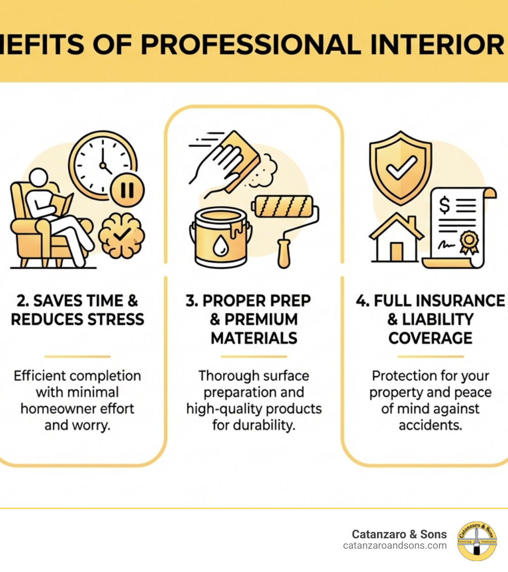 Infographic showing the top 5 benefits of hiring professional interior painters: 1. Flawless, seamless finish with expert attention to detail, 2. Saves time and reduces stress, 3. Proper surface preparation and premium materials, 4. Full insurance and liability coverage, 5. Long-lasting results backed by warranty - interior painting services infographic Infographic showing the top 5 benefits of hiring professional interior painters: 1. Flawless, seamless finish with expert attention to detail, 2. Saves time and reduces stress, 3. Proper surface preparation and premium materials, 4. Full insurance and liability coverage, 5. Long-lasting results backed by warranty - interior painting services infographic