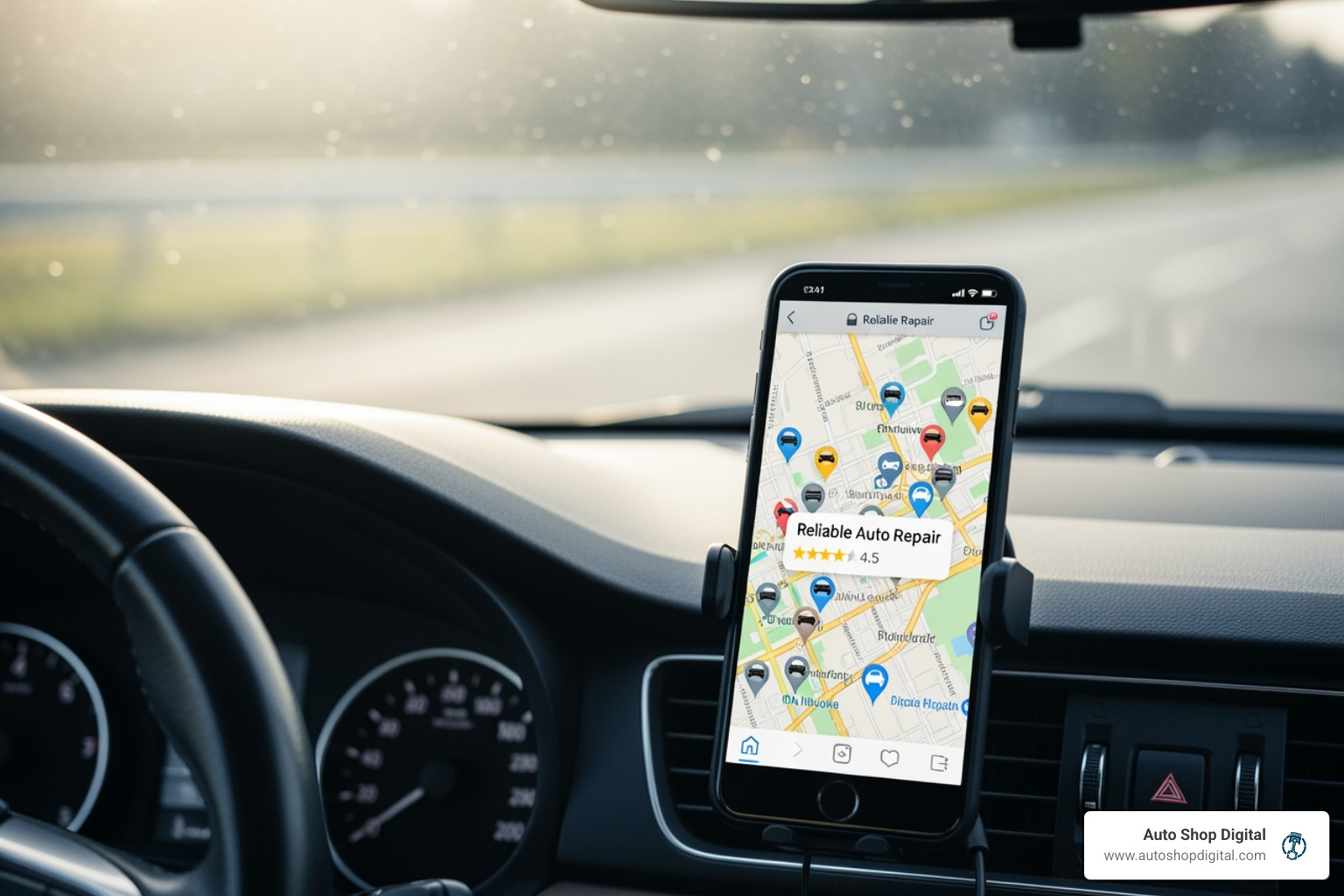 smartphone displaying Google Maps with auto repair shops nearby - auto shop seo california smartphone displaying Google Maps with auto repair shops nearby - auto shop seo california