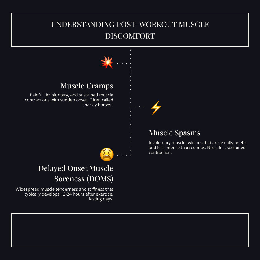 infographic showing three columns comparing muscle cramps with sustained painful contraction and sudden onset, muscle spasms with brief twitching and less intense pain, and DOMS with widespread soreness developing 12-24 hours after exercise and lasting 2-5 days - cramps after workout infographic infographic-line-3-steps-dark infographic showing three columns comparing muscle cramps with sustained painful contraction and sudden onset, muscle spasms with brief twitching and less intense pain, and DOMS with widespread soreness developing 12-24 hours after exercise and lasting 2-5 days - cramps after workout infographic infographic-line-3-steps-dark