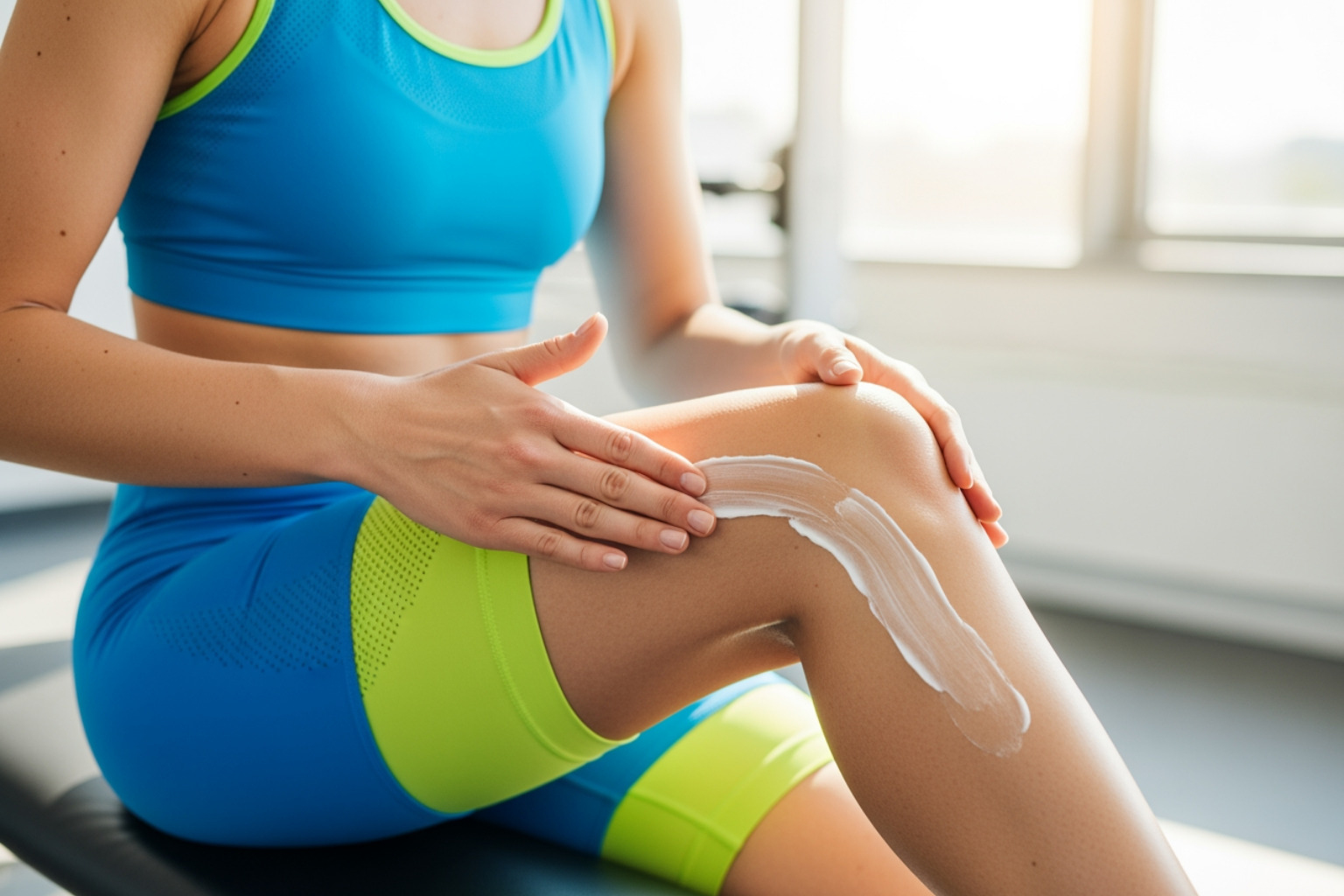 person applying topical cream to their leg muscle - cramps after workout person applying topical cream to their leg muscle - cramps after workout