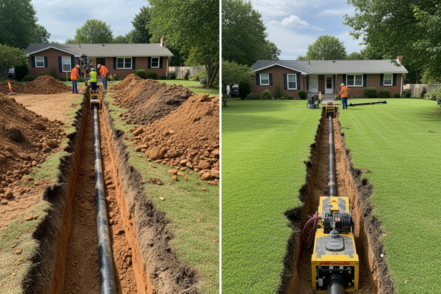 side-by-side comparison of a yard dug up for traditional repair vs. a clean yard with trenchless repair - sewer backup plumber side-by-side comparison of a yard dug up for traditional repair vs. a clean yard with trenchless repair - sewer backup plumber