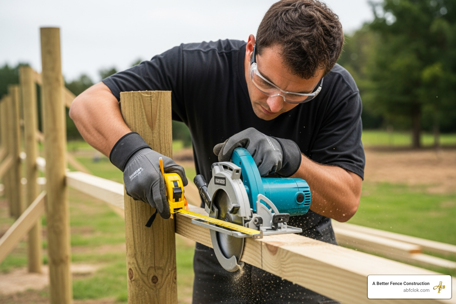 A professional fence installer carefully measuring and cutting wood for a new fence installation - Affordable fence OKC A professional fence installer carefully measuring and cutting wood for a new fence installation - Affordable fence OKC