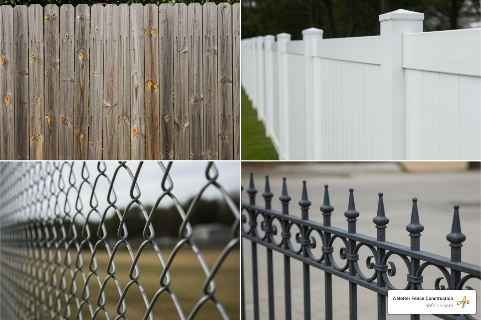 A collage of different fence materials including a rustic wood fence, a sleek white vinyl fence, a sturdy chain link fence, and an elegant ornamental iron fence - Affordable fence OKC A collage of different fence materials including a rustic wood fence, a sleek white vinyl fence, a sturdy chain link fence, and an elegant ornamental iron fence - Affordable fence OKC
