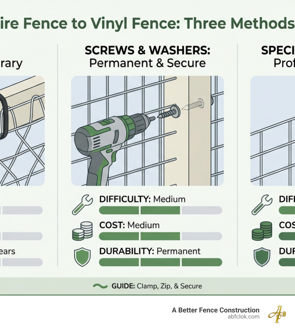 Infographic showing three attachment methods: Zip Ties (illustrated with cable ties on fence wire, labeled "Quick & Temporary"), Screws & Washers (showing drill and fasteners, labeled "Permanent & Secure"), and Specialized Clamps (displaying aluminum clips, labeled "Professional Grade"). Each method includes icons for difficulty level, cost, and durability rating. - attaching wire fence to vinyl fence infographic Infographic showing three attachment methods: Zip Ties (illustrated with cable ties on fence wire, labeled "Quick & Temporary"), Screws & Washers (showing drill and fasteners, labeled "Permanent & Secure"), and Specialized Clamps (displaying aluminum clips, labeled "Professional Grade"). Each method includes icons for difficulty level, cost, and durability rating. - attaching wire fence to vinyl fence infographic