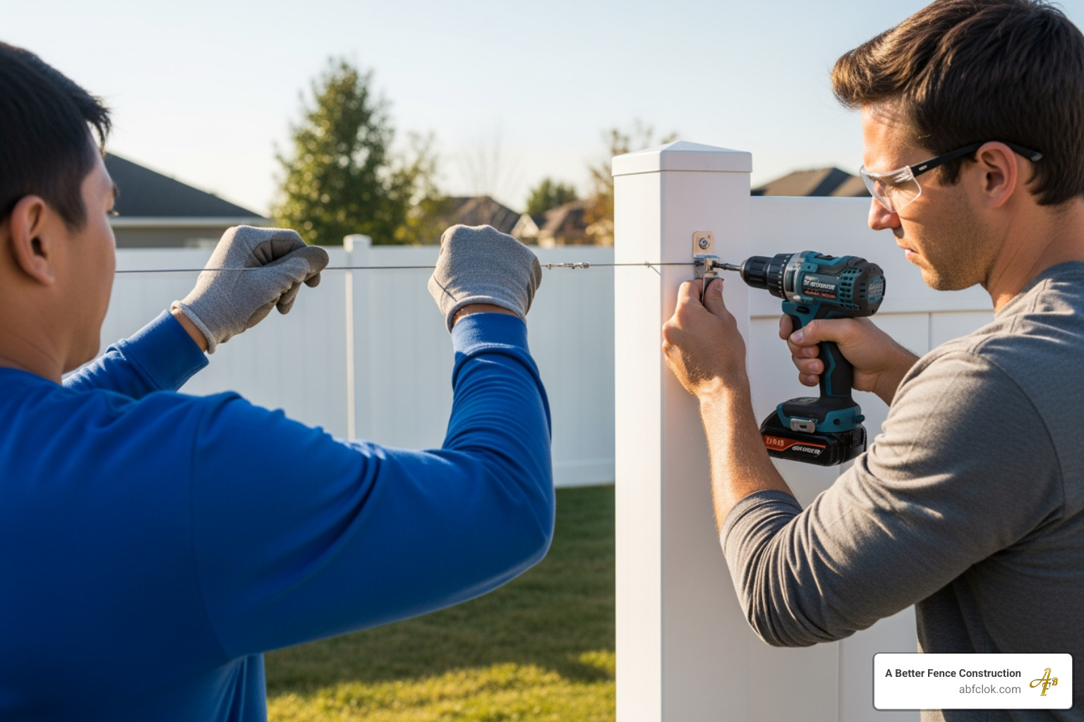 Two people working together, one pulling the wire taut while the other uses a drill to install a clamp on a vinyl post. - attaching wire fence to vinyl fence Two people working together, one pulling the wire taut while the other uses a drill to install a clamp on a vinyl post. - attaching wire fence to vinyl fence