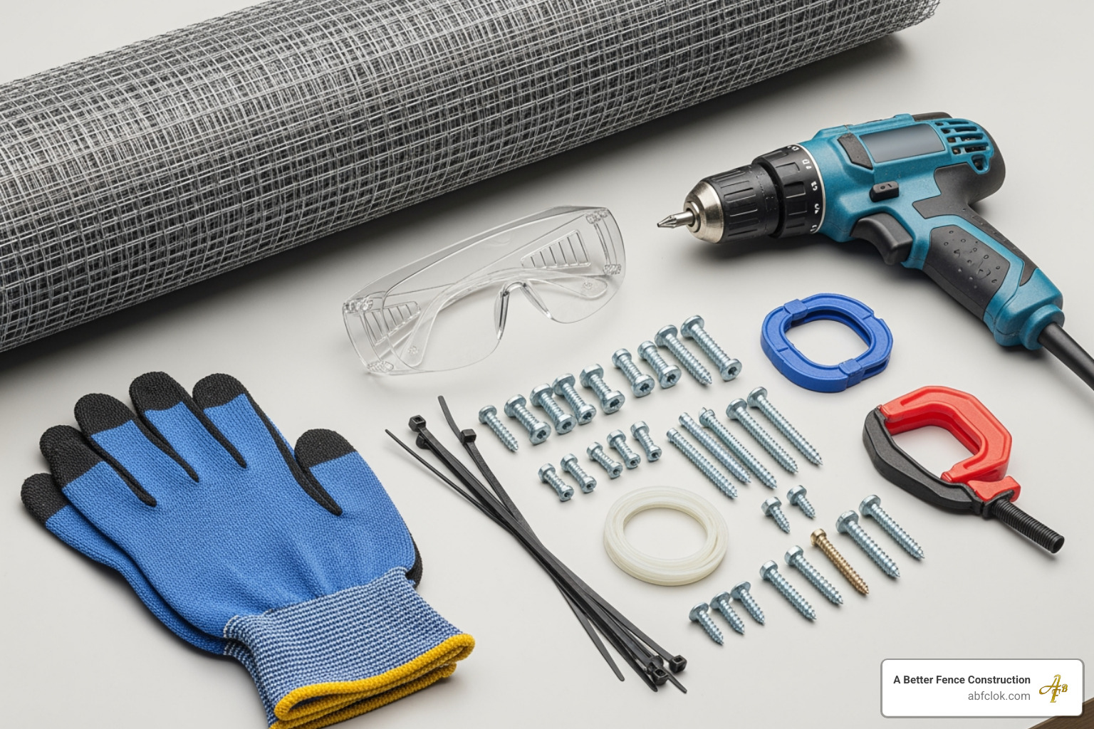 a roll of vinyl-coated wire mesh, safety glasses, gloves, a drill, and a collection of fasteners laid out on a clean surface - attaching wire fence to vinyl fence a roll of vinyl-coated wire mesh, safety glasses, gloves, a drill, and a collection of fasteners laid out on a clean surface - attaching wire fence to vinyl fence