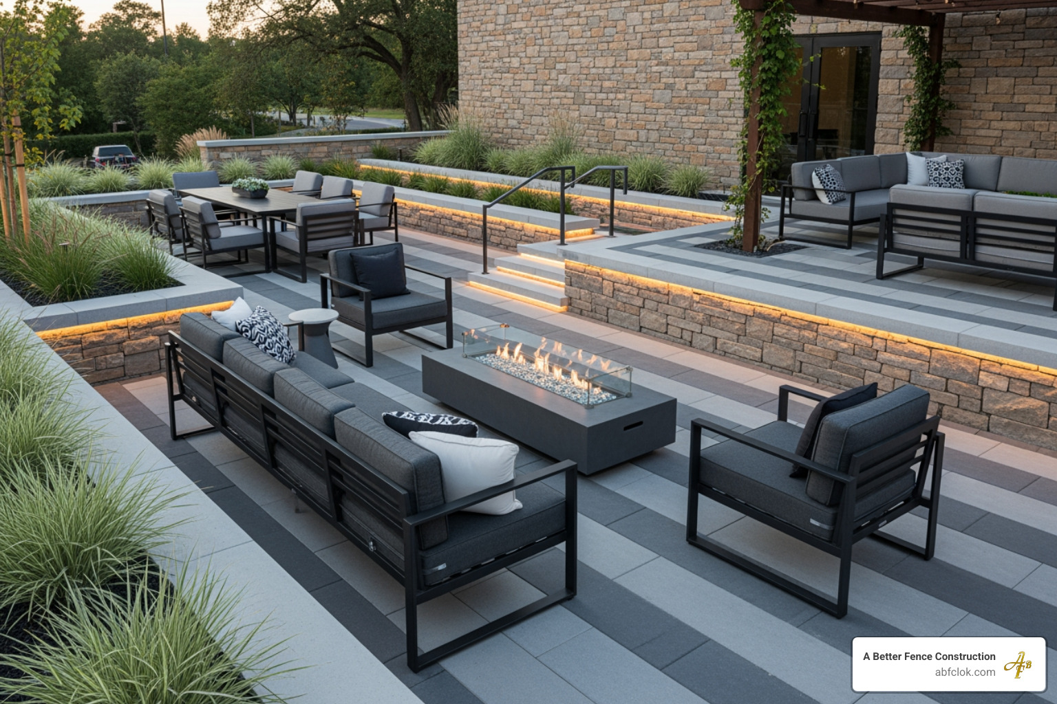 commercial hardscape project featuring a modern patio and retaining wall - commercial landscaping OKC commercial hardscape project featuring a modern patio and retaining wall - commercial landscaping OKC