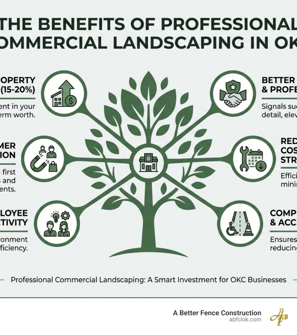 Infographic showing the benefits of professional commercial landscaping: increased property values by 15-20%, improved customer attraction and retention, enhanced employee morale and productivity, better brand perception and professional image, reduced maintenance costs through strategic planning, and compliance with safety and accessibility standards - commercial landscaping OKC infographic Infographic showing the benefits of professional commercial landscaping: increased property values by 15-20%, improved customer attraction and retention, enhanced employee morale and productivity, better brand perception and professional image, reduced maintenance costs through strategic planning, and compliance with safety and accessibility standards - commercial landscaping OKC infographic
