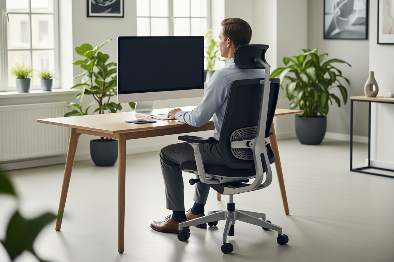 image showing a person sitting at a desk with good ergonomic posture, feet flat on the floor, back supported, and screen at eye level - How to treat sciatica? image showing a person sitting at a desk with good ergonomic posture, feet flat on the floor, back supported, and screen at eye level - How to treat sciatica?