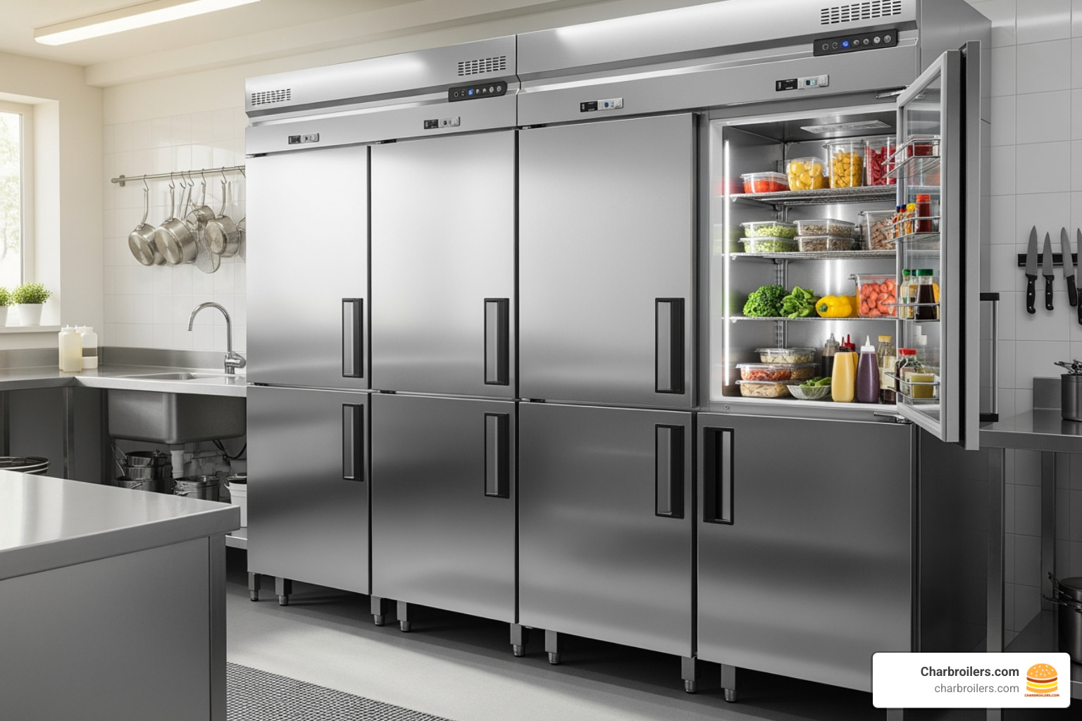 sleek, multi-door commercial stainless steel refrigerator freezer in a clean, professional kitchen - commercial stainless steel refrigerator freezer sleek, multi-door commercial stainless steel refrigerator freezer in a clean, professional kitchen - commercial stainless steel refrigerator freezer