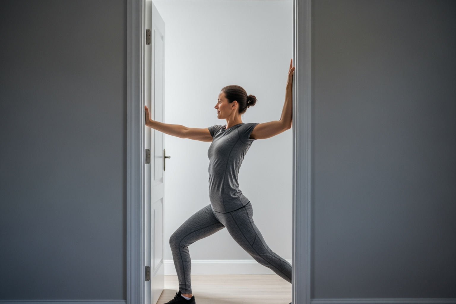 person doing a doorway shoulder stretch - shoulder soreness after workout