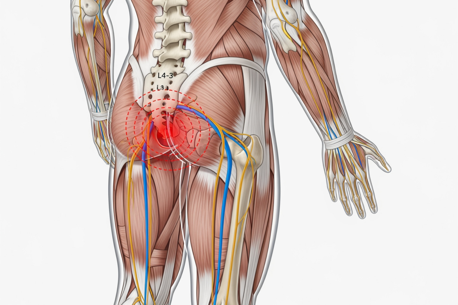 image illustrating the areas affected by sciatica pain, showing pathways from the lower back down the buttocks and legs - How to treat sciatica? image illustrating the areas affected by sciatica pain, showing pathways from the lower back down the buttocks and legs - How to treat sciatica?