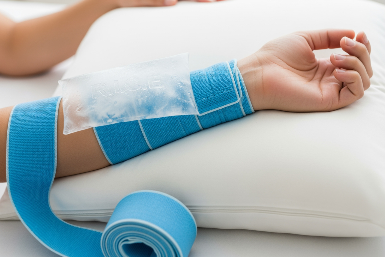 components of the R.I.C.E. method, including an ice pack, a compression wrap, and someone resting their arm on a pillow for elevation - forearm muscle soreness