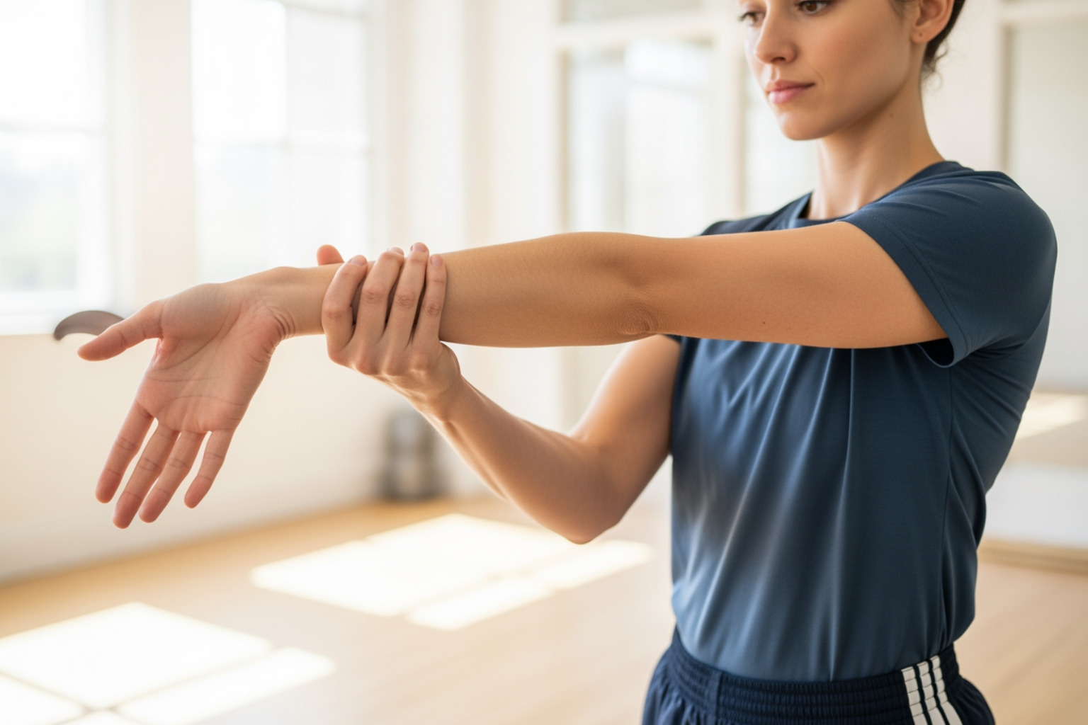 person performing a wrist extensor stretch, demonstrating proper form - forearm muscle soreness