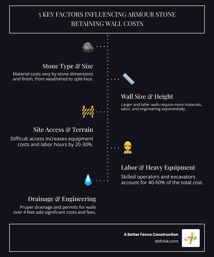 Infographic showing five key cost factors for armour stone retaining walls: Stone Type and Size (material costs vary by stone dimensions and finish, weathered vs split-face), Wall Size and Height (larger and taller walls require exponentially more materials, labor, and engineering), Site Access and Terrain (difficult access increases equipment costs and labor hours by 20-30%), Labor and Heavy Equipment (skilled operators and excavators account for 40-60% of total cost), and Drainage and Engineering (proper drainage systems and permits for walls over 4 feet add $10-15 per linear foot plus engineering fees) - armour stone retaining wall cost infographic infographic-line-5-steps-dark Infographic showing five key cost factors for armour stone retaining walls: Stone Type and Size (material costs vary by stone dimensions and finish, weathered vs split-face), Wall Size and Height (larger and taller walls require exponentially more materials, labor, and engineering), Site Access and Terrain (difficult access increases equipment costs and labor hours by 20-30%), Labor and Heavy Equipment (skilled operators and excavators account for 40-60% of total cost), and Drainage and Engineering (proper drainage systems and permits for walls over 4 feet add $10-15 per linear foot plus engineering fees) - armour stone retaining wall cost infographic infographic-line-5-steps-dark