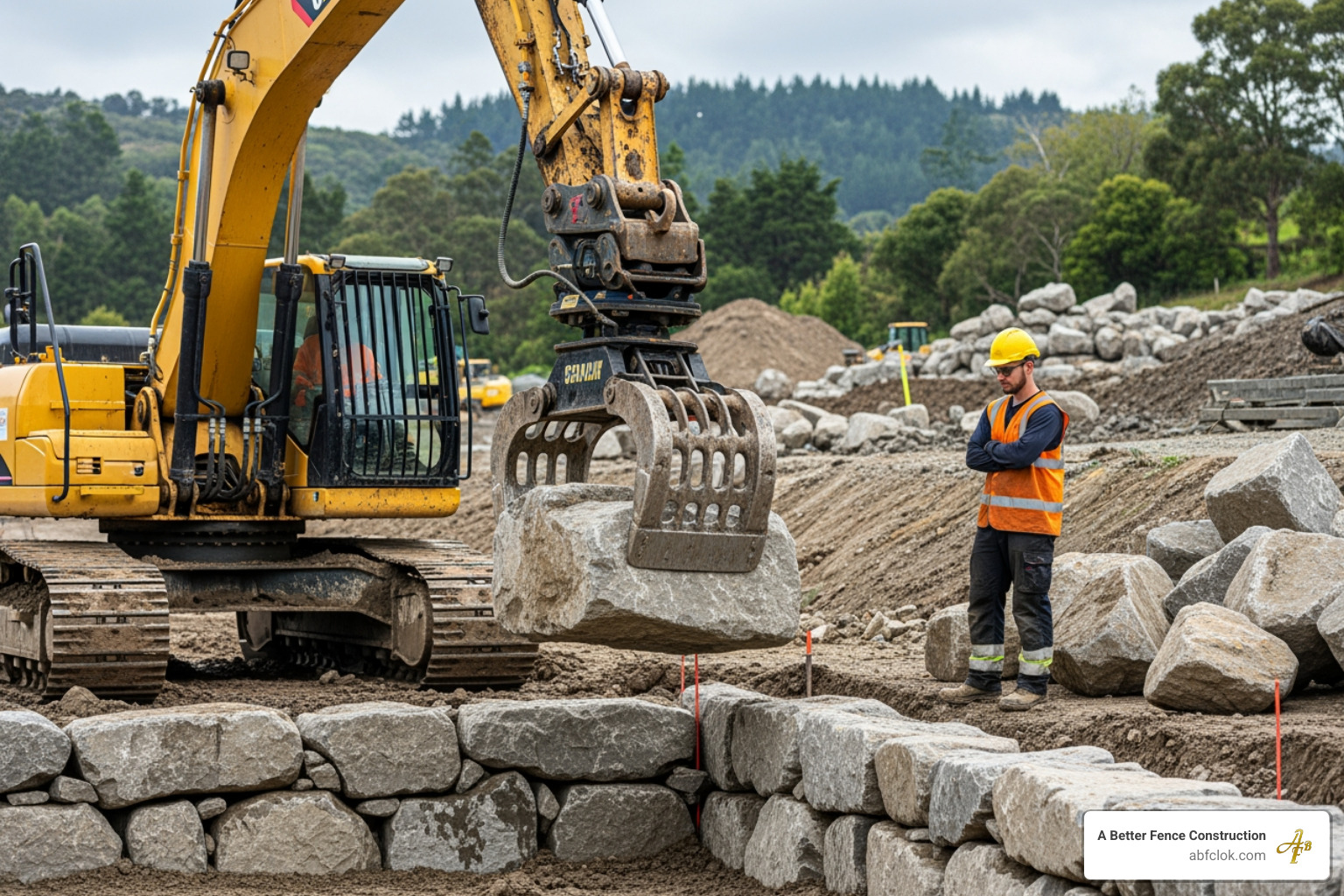 heavy machinery placing a large armour stone during wall construction - armour stone retaining wall cost heavy machinery placing a large armour stone during wall construction - armour stone retaining wall cost